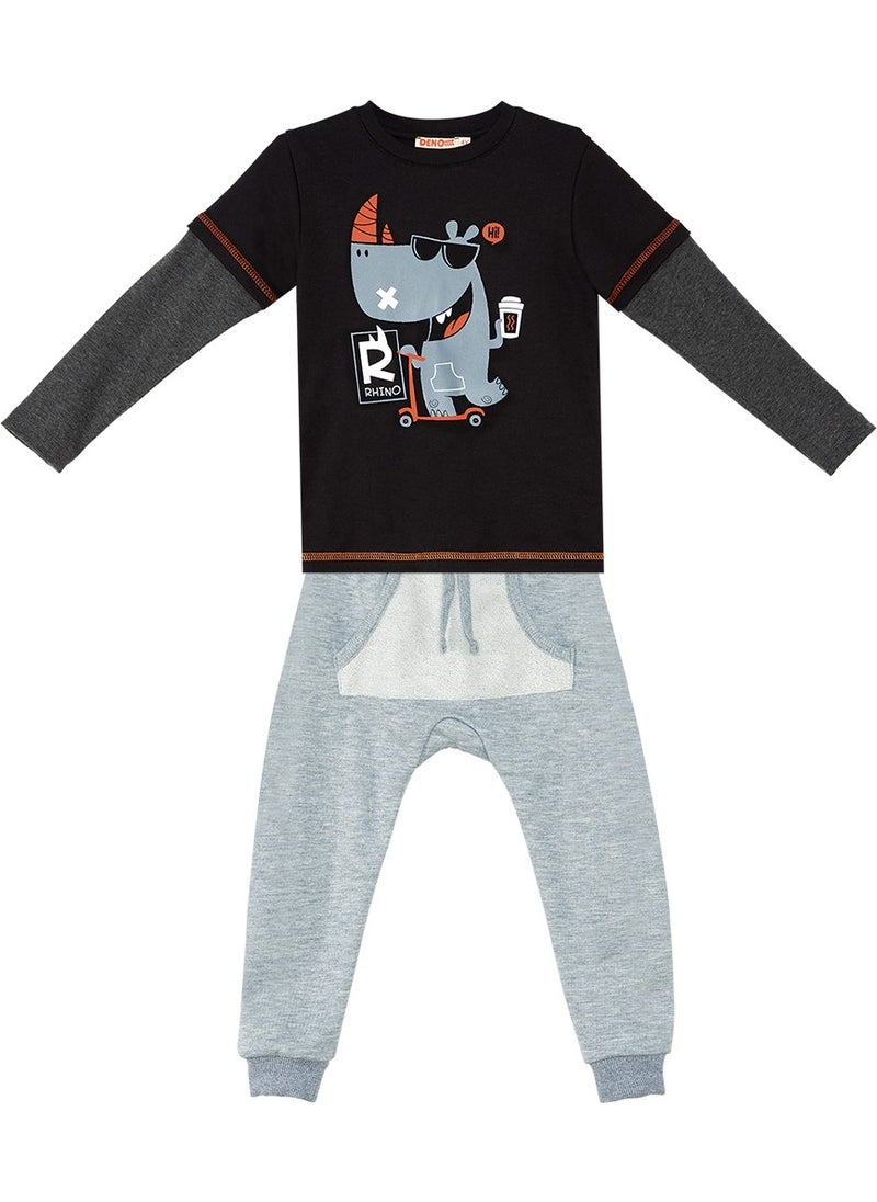 Denokids - Rhino Boy Black T-Shirt Tracksuit Bottom Set - Image 1