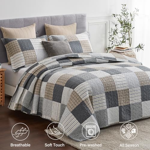Finlonte King Quilt Bedding Set - 100% Cotton King Size Comforter, Plaid Quilted Bedspread Farmhouse Country Bed Spread, Lightweight Reversible King Quilt Sets All-Season, Gray/Brown/Black/White, 3Pcs - Image 2