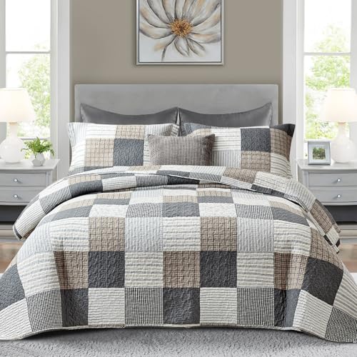 Finlonte King Quilt Bedding Set - 100% Cotton King Size Comforter, Plaid Quilted Bedspread Farmhouse Country Bed Spread, Lightweight Reversible King Quilt Sets All-Season, Gray/Brown/Black/White, 3Pcs - Image 1