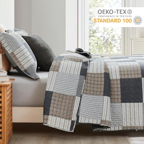Finlonte King Quilt Bedding Set - 100% Cotton King Size Comforter, Plaid Quilted Bedspread Farmhouse Country Bed Spread, Lightweight Reversible King Quilt Sets All-Season, Gray/Brown/Black/White, 3Pcs - Image 3