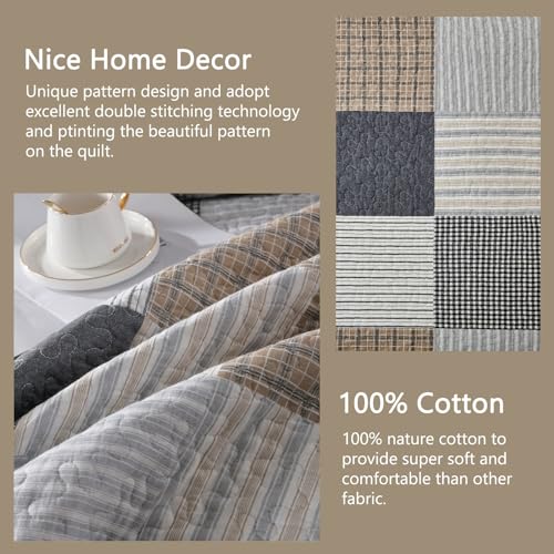 Finlonte King Quilt Bedding Set - 100% Cotton King Size Comforter, Plaid Quilted Bedspread Farmhouse Country Bed Spread, Lightweight Reversible King Quilt Sets All-Season, Gray/Brown/Black/White, 3Pcs - Image 4