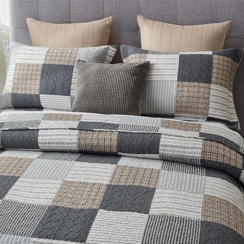 Finlonte King Quilt Bedding Set - 100% Cotton King Size Comforter, Plaid Quilted Bedspread Farmhouse Country Bed Spread, Lightweight Reversible King Quilt Sets All-Season, Gray/Brown/Black/White, 3Pcs - Image 5