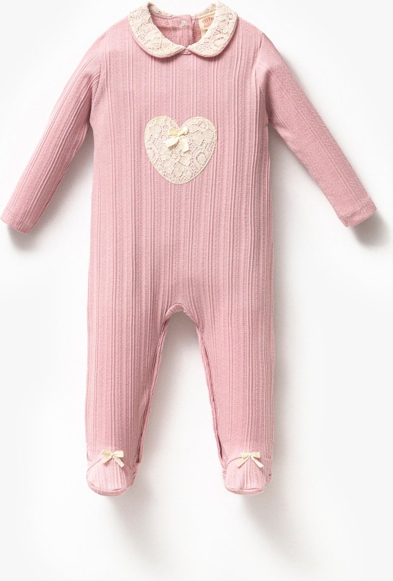 Minipodyum Minipodium Long Sleeve 100% Cotton Baby Collar Gift Baby Girl Jumpsuit with Booties 3-9 Months - Image 1