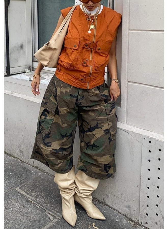 NRTHYE Womens Camo Cargo Jeans Army Fatigue Baggy Wide Leg High Waist Capris Camouflage Trousers Bermuda Boyfriend Pants, 01camo, M - Image 2