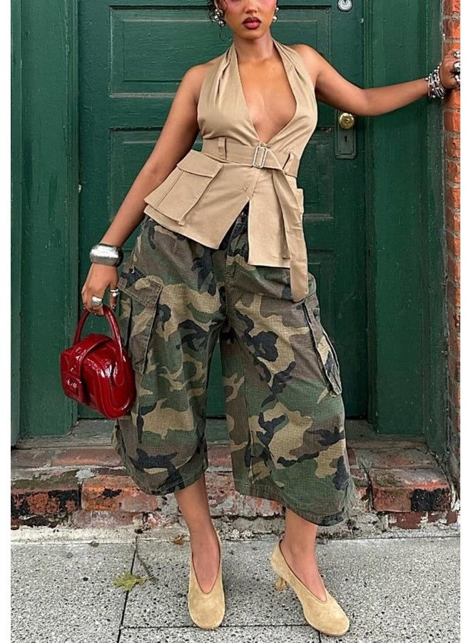 NRTHYE Womens Camo Cargo Jeans Army Fatigue Baggy Wide Leg High Waist Capris Camouflage Trousers Bermuda Boyfriend Pants, 01camo, M - Image 1
