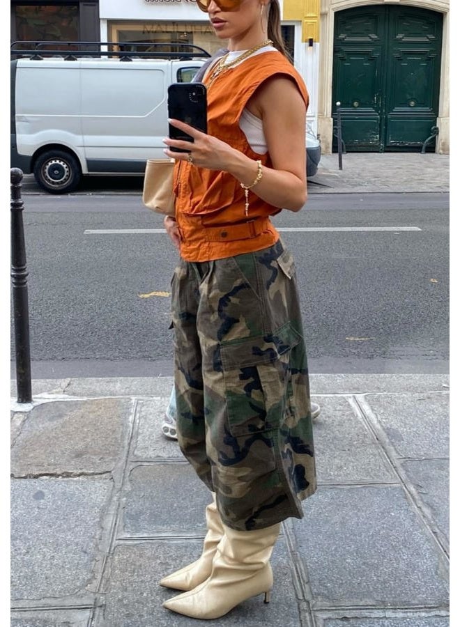NRTHYE Womens Camo Cargo Jeans Army Fatigue Baggy Wide Leg High Waist Capris Camouflage Trousers Bermuda Boyfriend Pants, 01camo, M - Image 4