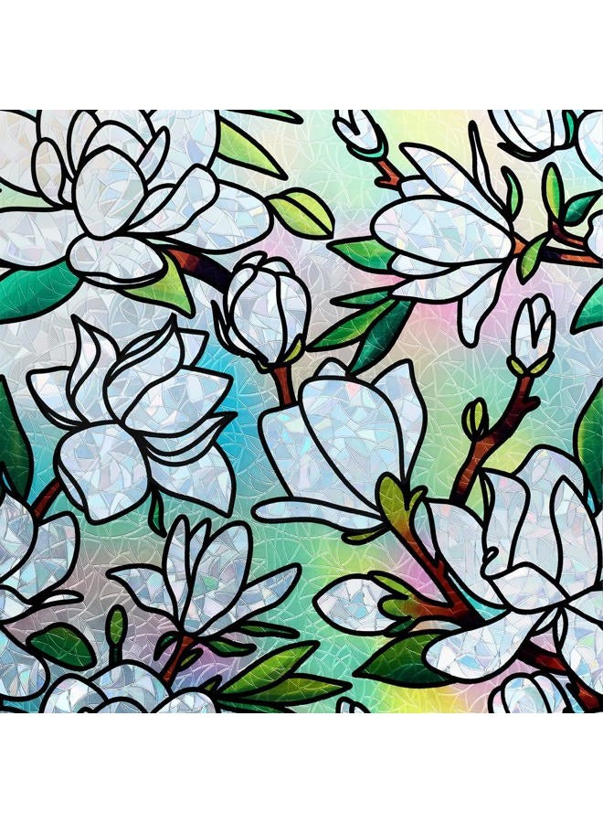 DKTIE Magnolia Pattern Stained Glass Window Film Floral Decorative Window Privacy Film with Rainbow Effect Front Door Bathroom Room Decor (S678, 17.7in X 78.7in) - Image 1