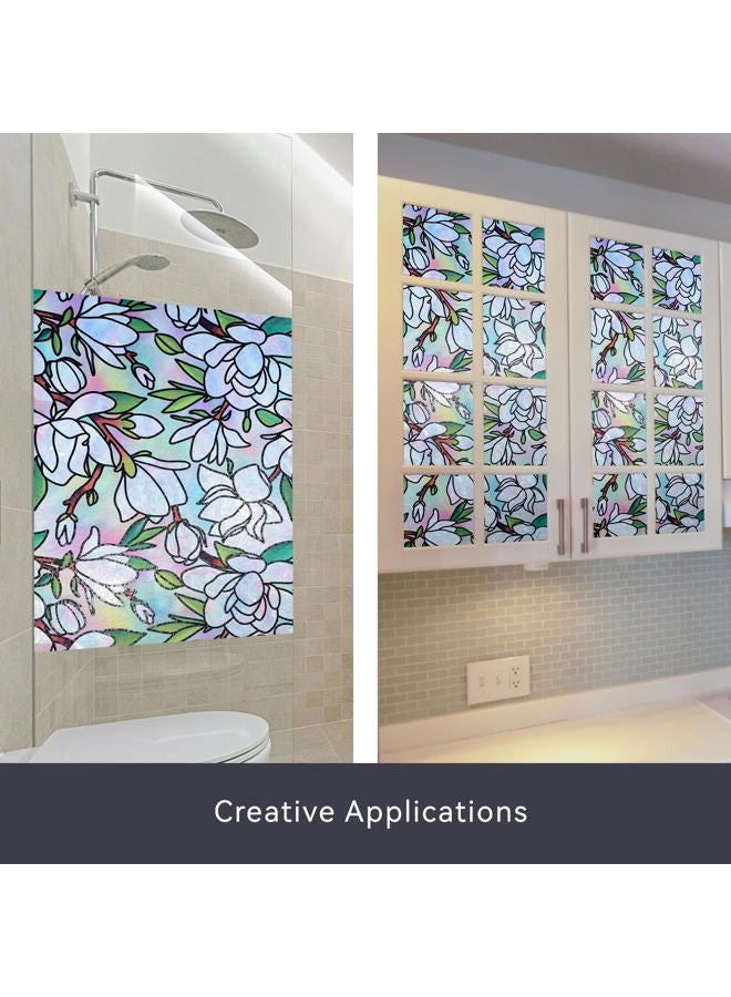 DKTIE Magnolia Pattern Stained Glass Window Film Floral Decorative Window Privacy Film with Rainbow Effect Front Door Bathroom Room Decor (S678, 17.7in X 78.7in) - Image 5
