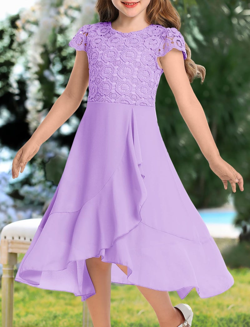 HOSIKA Girls Bohemian Ruffle Short Sleeve Chiffon Communion Formal A-line Dress for Wedding Party 12-13 Years Light Purple - Image 3