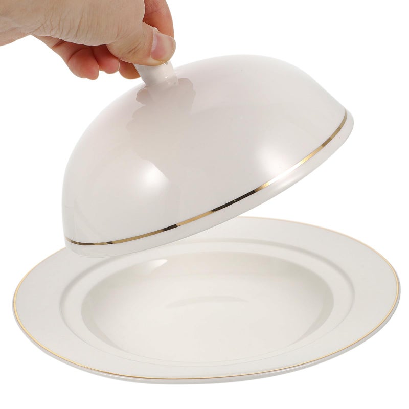 Gold Edged Ceramic Steak Plate With Lid 8 Inch Serving Dish For Seafood And Desserts - Image 5