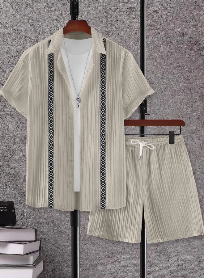 Take Two Men Grey Jacquard Detail Short Sleeve Button Front Shirt and Shorts Co-Ords