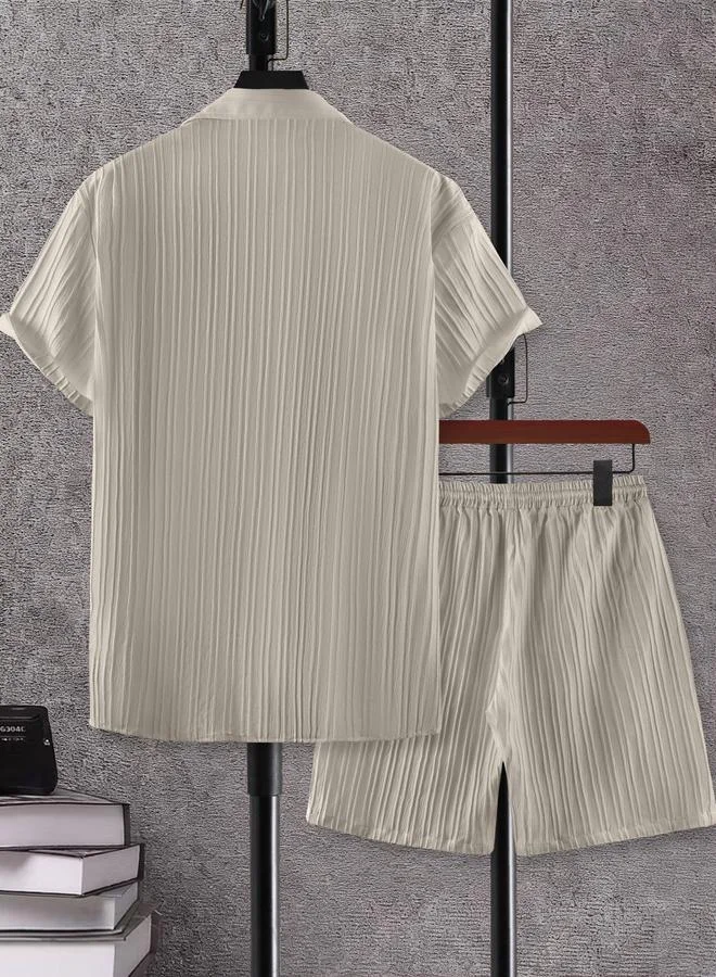 Take Two Men Grey Jacquard Detail Short Sleeve Button Front Shirt and Shorts Co-Ords