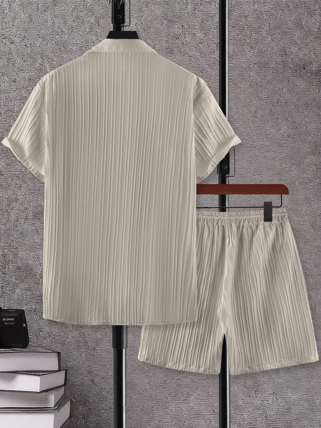 Take Two Men Grey Jacquard Detail Short Sleeve Button Front Shirt and Shorts Co-Ords
