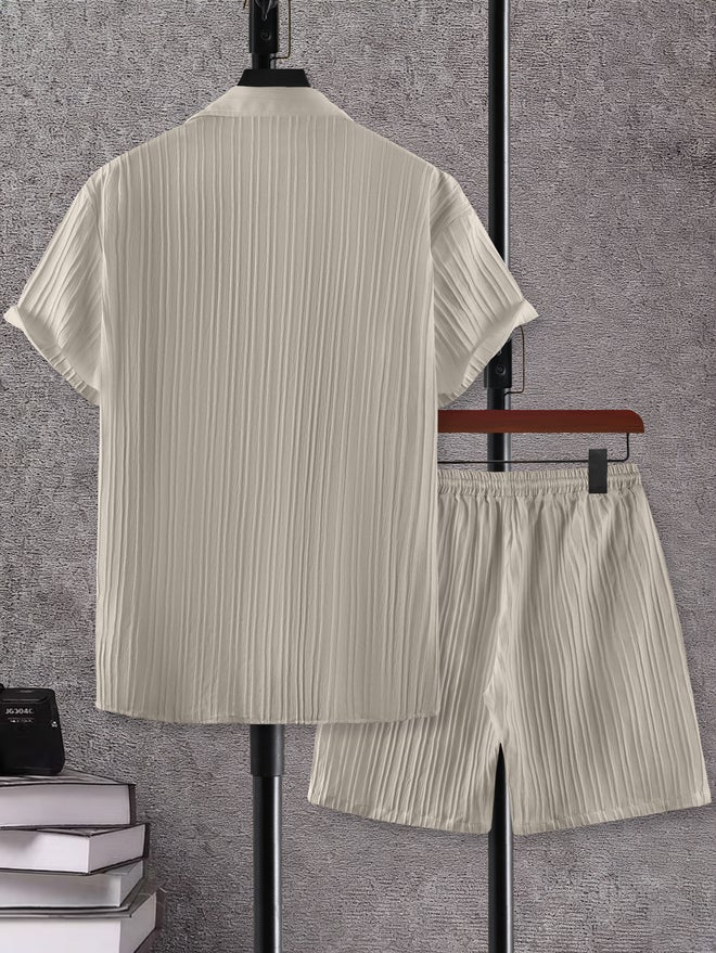 Take Two Men Grey Jacquard Detail Short Sleeve Button Front Shirt and Shorts Co-Ords - Image 2
