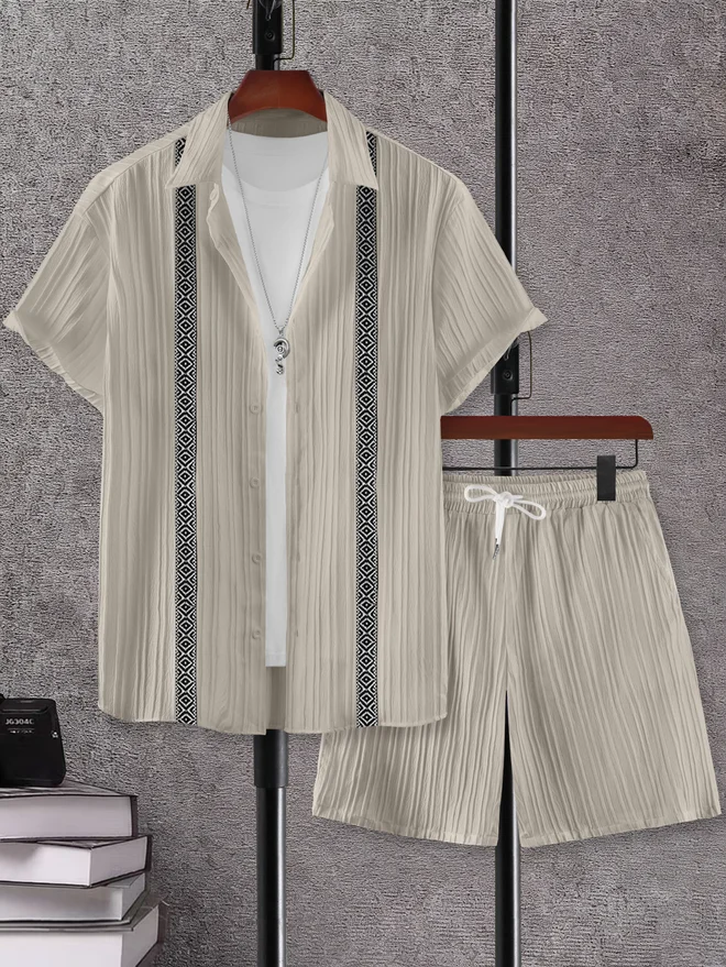 Take Two Men Grey Jacquard Detail Short Sleeve Button Front Shirt and Shorts Co-Ords