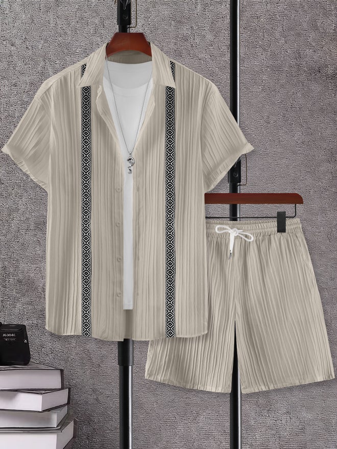 Take Two Men Grey Jacquard Detail Short Sleeve Button Front Shirt and Shorts Co-Ords - Image 1