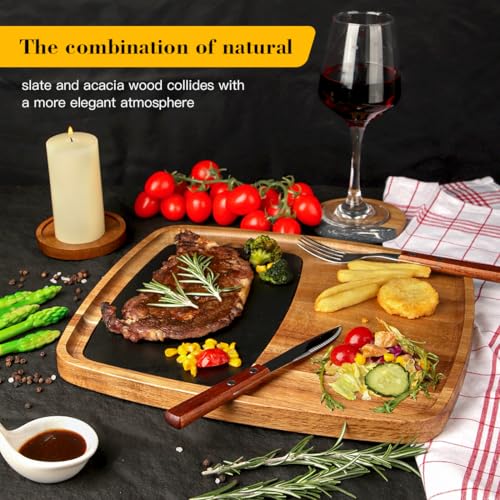 LiWiBet Acacia Wood Slate Steak Plate for Meat Cheese Appetizers, Steak Cutting Plate Board Serving Tray Cheese Appetizer Platter Perfect for Housewarming, Christmas, Mother's Day - Image 4
