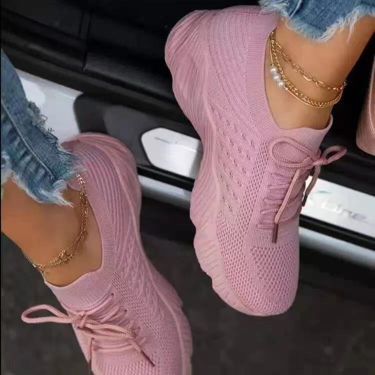 Autumn new foreign trade large size ladies flying woven casual shoes polyurethane sole comfortable wear-resistant lightweight new color matching Pink 36 - Image 1