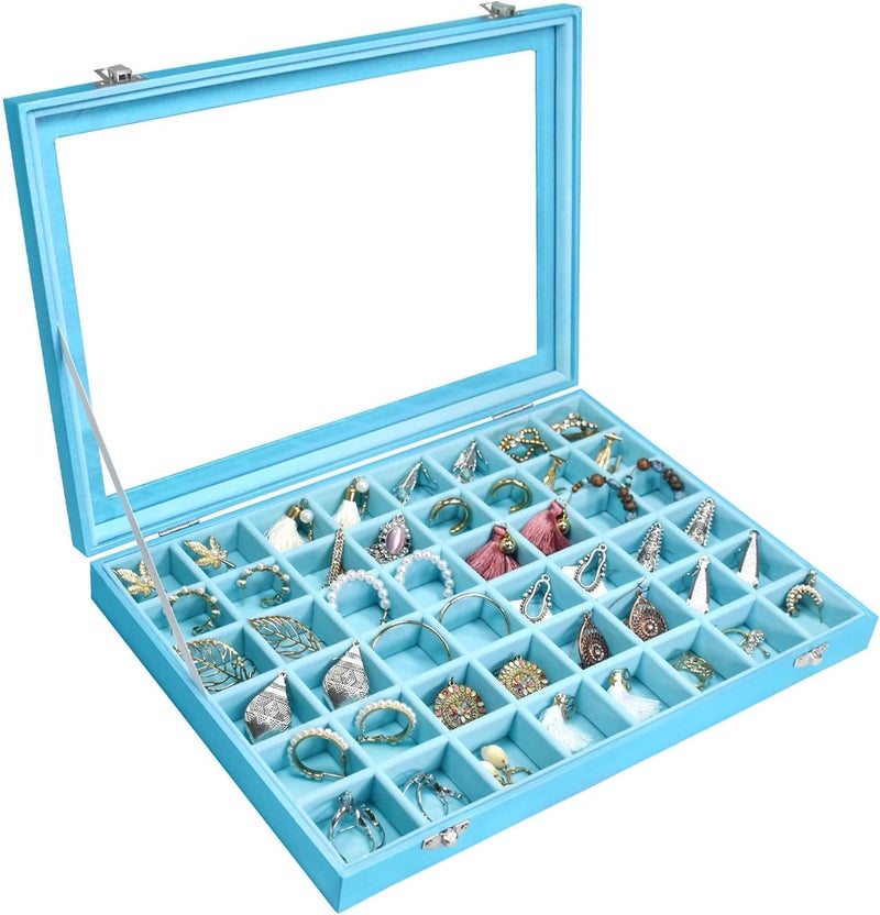 Siveit Jewelry Tray Organizer Box 48 Grid Jewelry Display Organizer Box with Transparent Lid Rings Earrings Necklaces Pendants Display Box Suitable for Women and Girls (48 Grid, Sky Blue) - Image 1