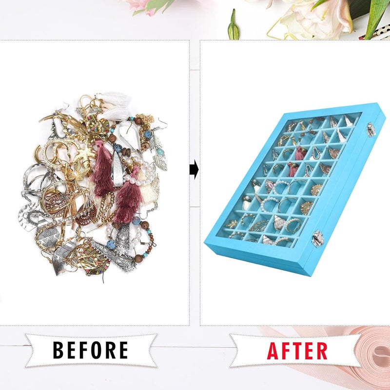 Siveit Jewelry Tray Organizer Box 48 Grid Jewelry Display Organizer Box with Transparent Lid Rings Earrings Necklaces Pendants Display Box Suitable for Women and Girls (48 Grid, Sky Blue) - Image 5