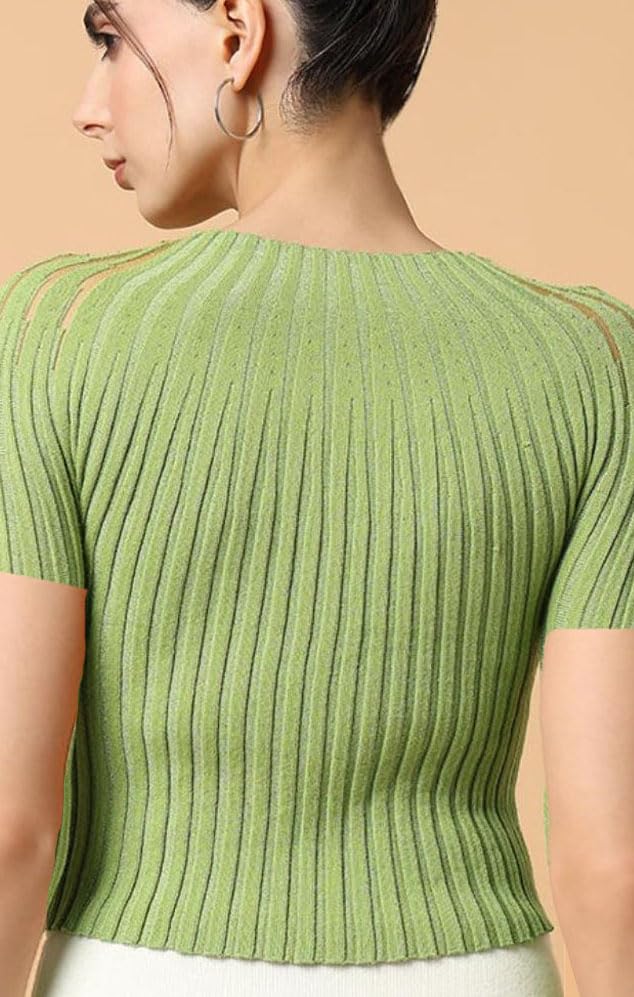 ICW Women Knit Rhinestone Embellised Mesh Crop Top Slim Fit T-Shirt (One Size Bust 28-34 Inch) 107 (Green) - Image 3