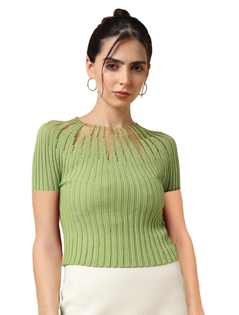 ICW Women Knit Rhinestone Embellised Mesh Crop Top Slim Fit T-Shirt (One Size Bust 28-34 Inch) 107 (Green) - Image 4