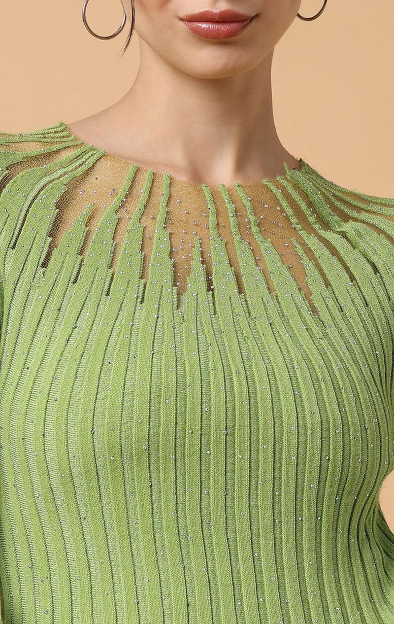 ICW Women Knit Rhinestone Embellised Mesh Crop Top Slim Fit T-Shirt (One Size Bust 28-34 Inch) 107 (Green) - Image 2