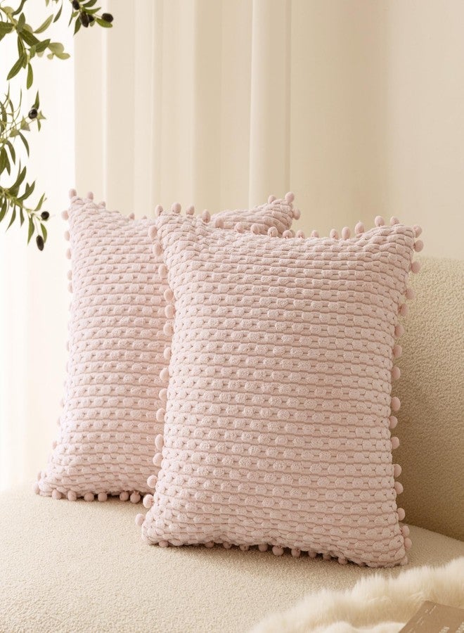 VOILYBIRD Blush Pink Corduroy Accent Pillow Covers 18x18 Inch, Boho Throw Pillows with Pompoms Decorative Pillow Covers for Sofa Couch Bedroom Living Room, Set of 2 - Image 1