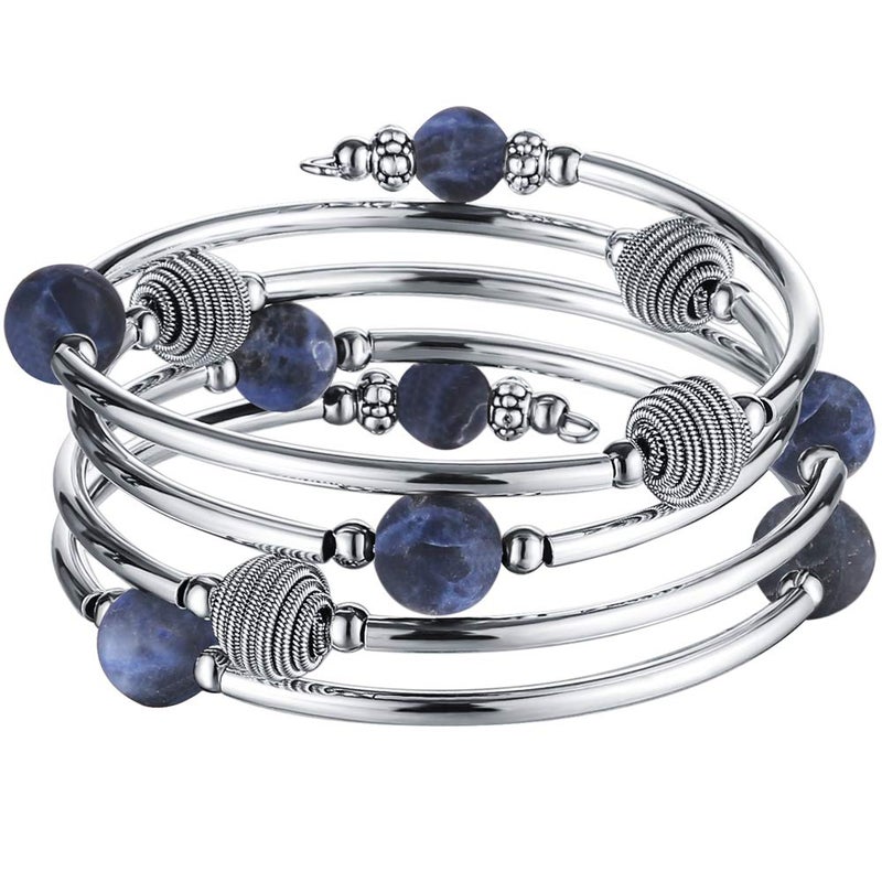 PEARL&CLUB Beaded Chakra Bangle Turquoise Bracelet - Fashion Jewelry Wrap Bracelet with Thick Silver Metal and Mala Beads, Birthday Gifts For Women(63-Navy Blue) - Image 1