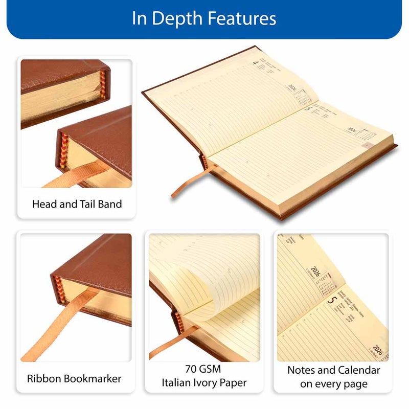 FIS 2026 International A5 Diary, 148x210mm, 1 Side Padded Bonded Leather Cover, Round Corners, Gold Gilded Edges, 7 Multi Languages, 70gsm Italian Ivory Paper, Brown Cover - FSDI136-7BG26BR - Image 5