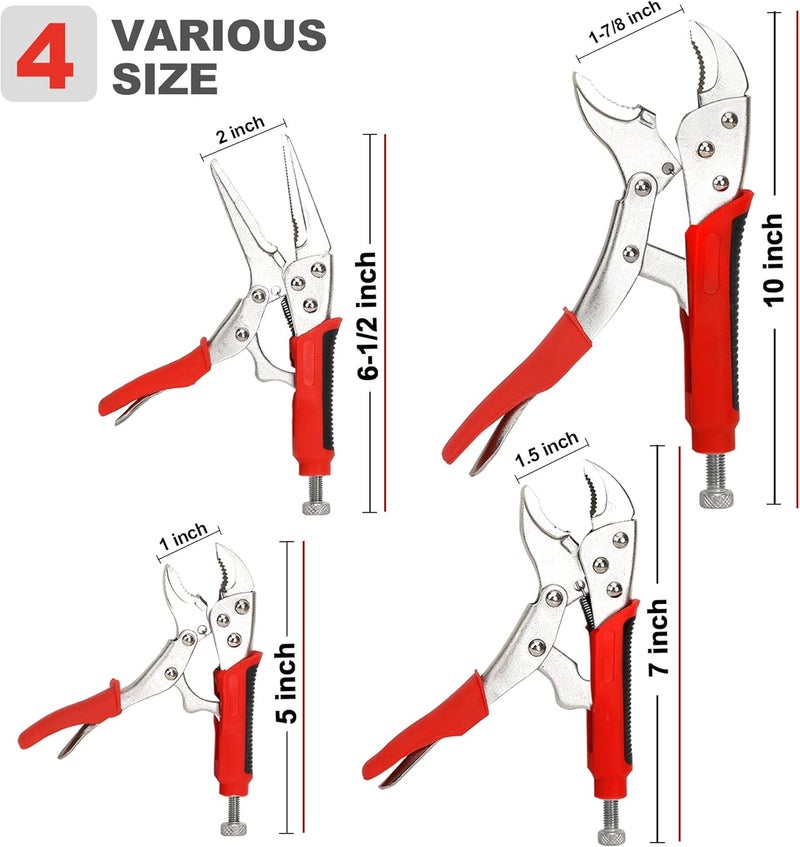 FASTPRO 4-Piece Locking Pliers Set with Heavy Duty Grip, 5", 7" and 10" Curved Jaw, 6-1/2" Long Nose Locking Pliers Included, Vise Grip Wrench Set - Image 2