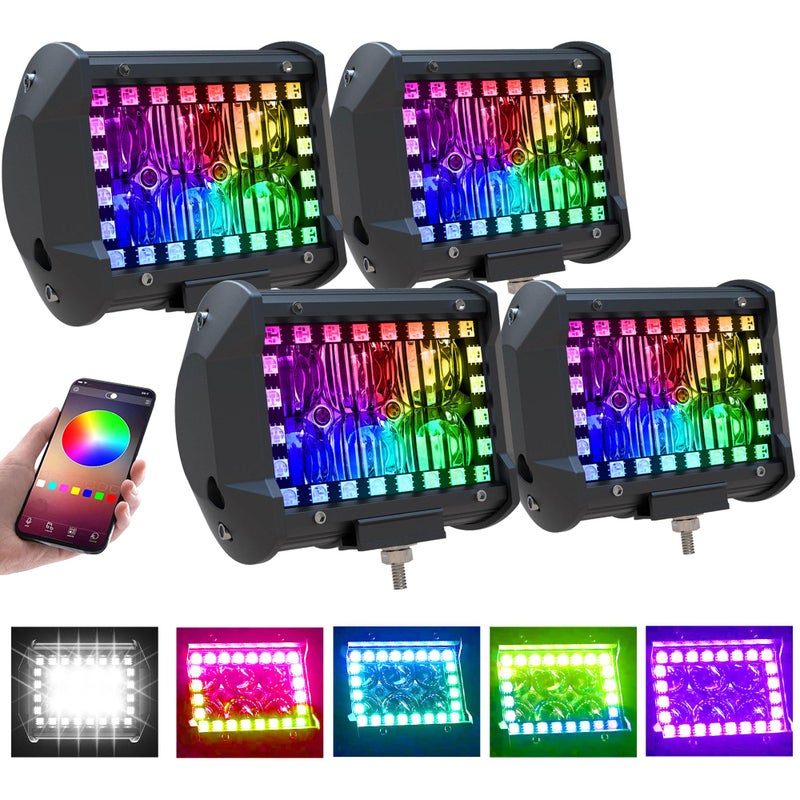 ASLONG 4PCS 4" inch LED Pods Flood Work Light Bar with Multi-Color Chasing RGB Halo 16 Solid Colors Over 92 Flashing Modes Offroad Pods Lights LED Driving Fog Lights with Switch Wiring Harness - Image 1