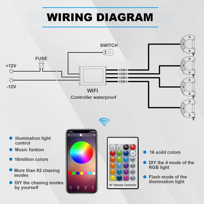 ASLONG 4PCS 4" inch LED Pods Flood Work Light Bar with Multi-Color Chasing RGB Halo 16 Solid Colors Over 92 Flashing Modes Offroad Pods Lights LED Driving Fog Lights with Switch Wiring Harness - Image 5