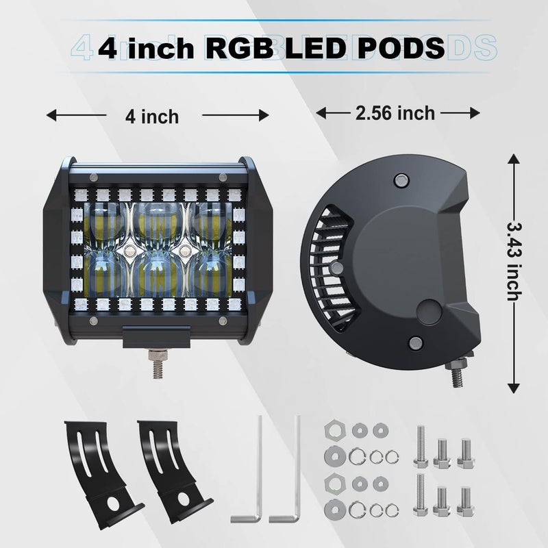 ASLONG 4PCS 4" inch LED Pods Flood Work Light Bar with Multi-Color Chasing RGB Halo 16 Solid Colors Over 92 Flashing Modes Offroad Pods Lights LED Driving Fog Lights with Switch Wiring Harness - Image 2