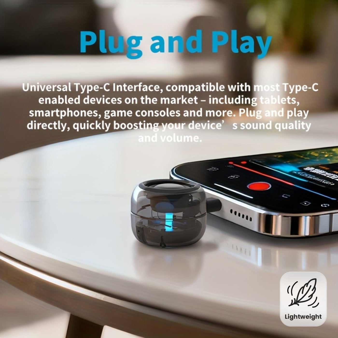 Computer Phone Subwoofer Speaker Compact Plug And Play Subwoofer For Mobile And Pc With Powerful Bass No Button Connection No Charging Required Semi Transparent Body With Cool Lighting Lightweight 31 5 Grams Universal Type C
