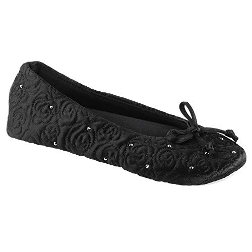 isotoner Women’s Rose Quilted Ballerina Slippers with Rhinestone Embellishment and Genuine Suede Sole , Black, 9.5-10.5 US - Image 1