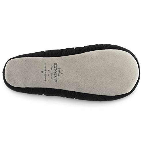 isotoner Women’s Rose Quilted Ballerina Slippers with Rhinestone Embellishment and Genuine Suede Sole , Black, 9.5-10.5 US - Image 2
