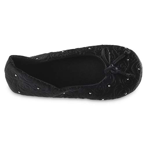 isotoner Women’s Rose Quilted Ballerina Slippers with Rhinestone Embellishment and Genuine Suede Sole , Black, 9.5-10.5 US - Image 3