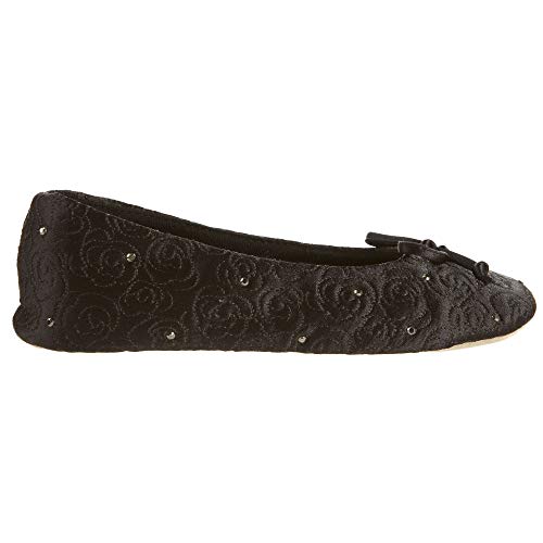 isotoner Women’s Rose Quilted Ballerina Slippers with Rhinestone Embellishment and Genuine Suede Sole , Black, 9.5-10.5 US - Image 5