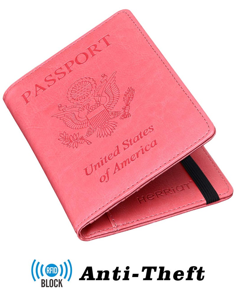 HerriaT Leather Passport Holder Cover Case RFID Blocking Travel Wallets Card Case for Women Men(Pink) - Image 2