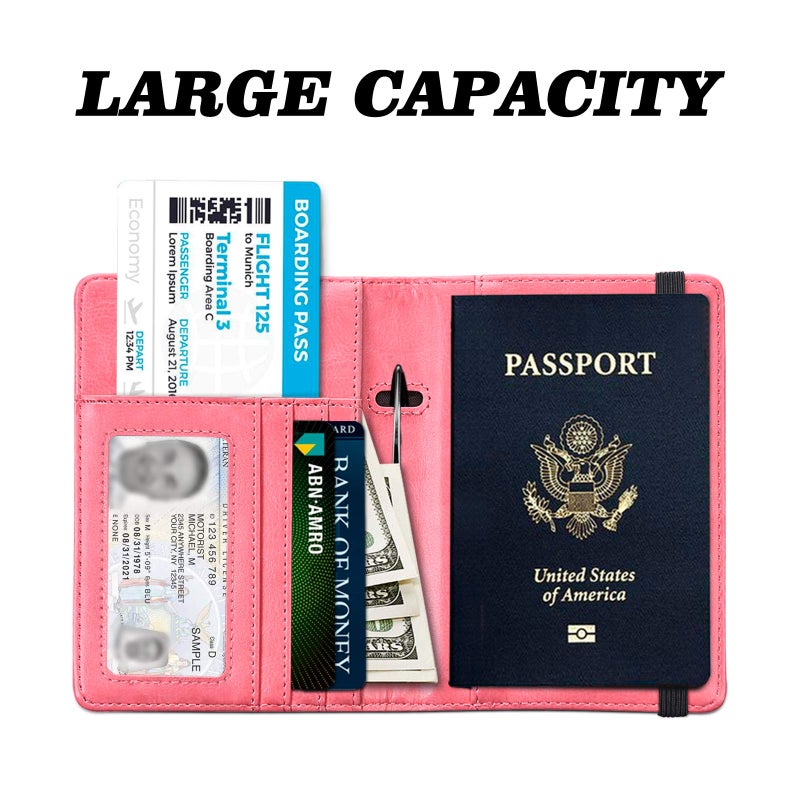 HerriaT Leather Passport Holder Cover Case RFID Blocking Travel Wallets Card Case for Women Men(Pink) - Image 3