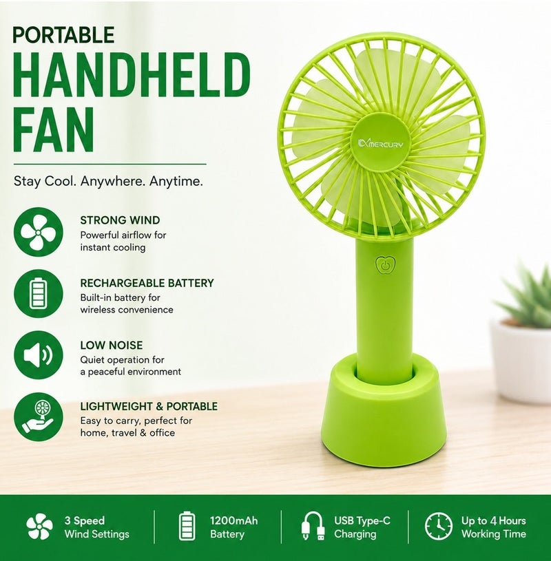 Mercury Portable Rechargeable Handheld Fan with Desktop Stand, 3 Speed Personal Cooling Fan, USB Type C Charging, 1200mAh Battery, Quiet Brushless Motor, Mini Travel Fan for Home Office Camping Outdoor Bedroom School Portable Green Cooling Fan - Image 2