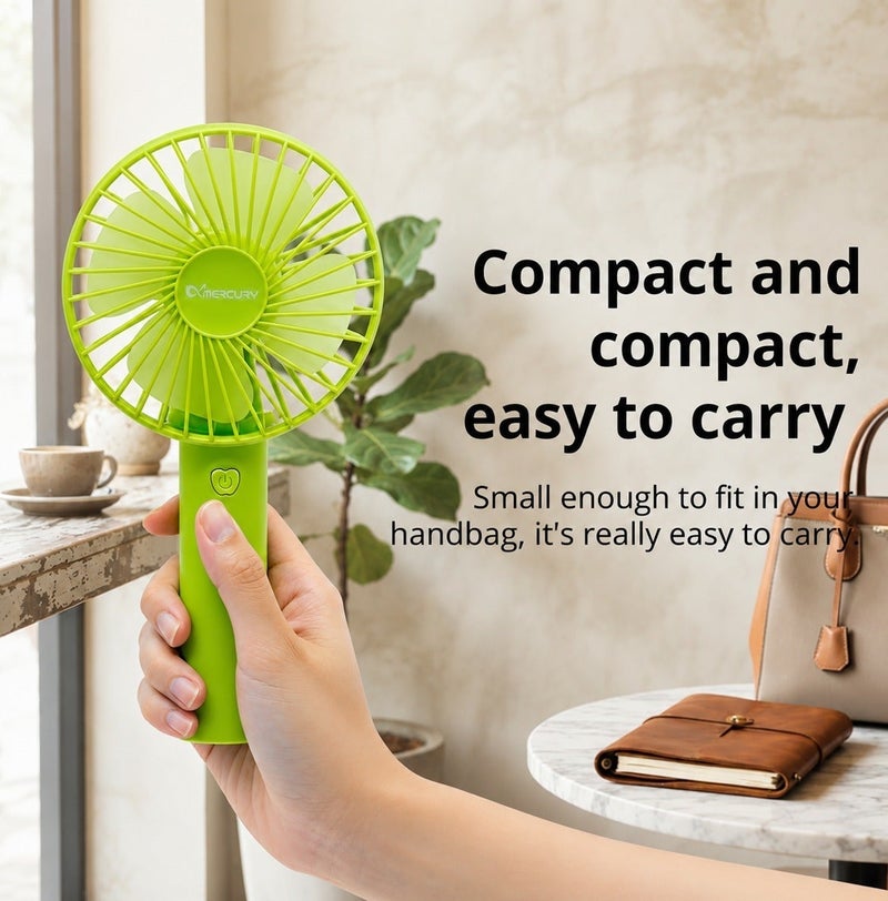Mercury Portable Rechargeable Handheld Fan with Desktop Stand, 3 Speed Personal Cooling Fan, USB Type C Charging, 1200mAh Battery, Quiet Brushless Motor, Mini Travel Fan for Home Office Camping Outdoor Bedroom School Portable Green Cooling Fan - Image 4