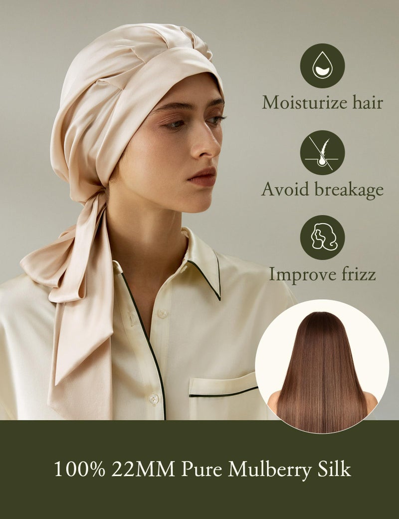 LilySilk قبعة نوم نسائية من حرير التوت 100% 22MM من ليلي سيلك للعناية بالشعر والنوم مع شريط طويل للراحة باللون الذهبي - Image 5