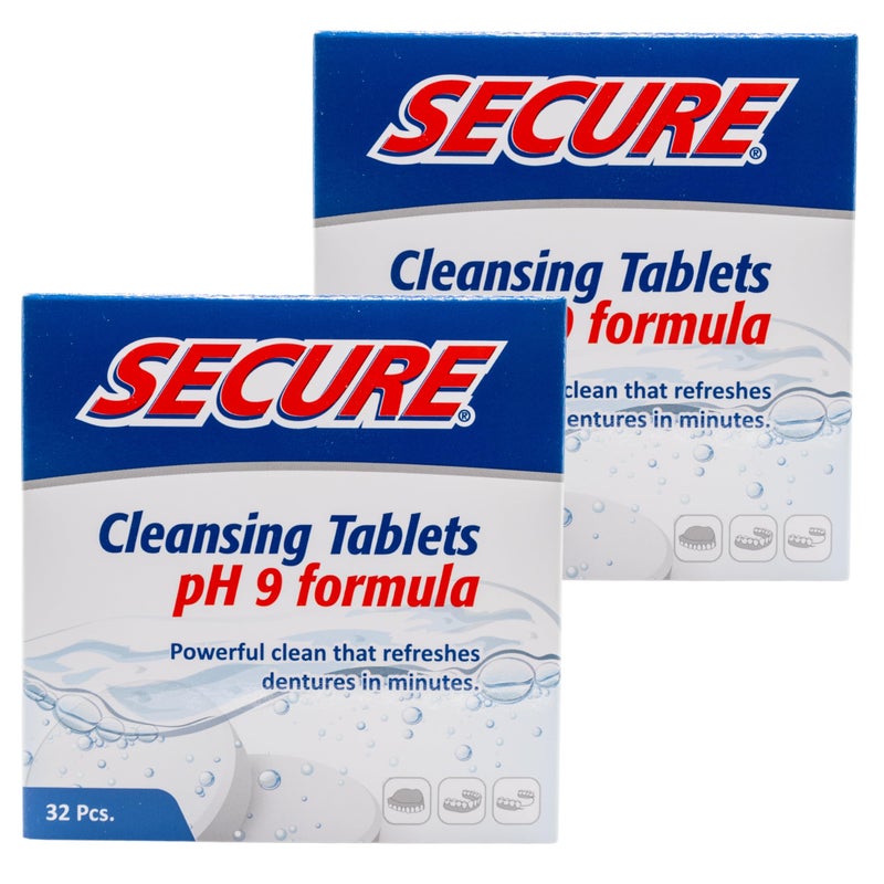 Secure Daily Cleansing Tablets pH 9 Formula Thoroughly Cleans Dentures Fights Odors Stains Germs For Dentures Nightguards Retainers Partials 32 Tablets 2 Pack