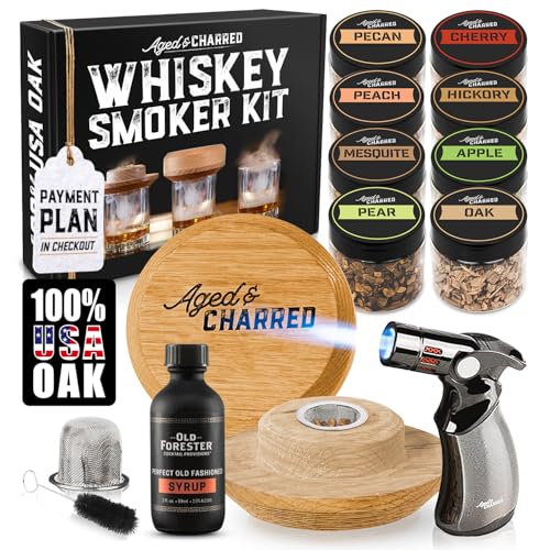 Aged & Charred Whiskey Smoker Kit with Torch and Old Fashioned Syrup - 8 Flavors Wood Chips - Bourbon Gifts for Men, Cocktail Smoker kit - USA Oak Smoke Lid (No Butane) - Image 1