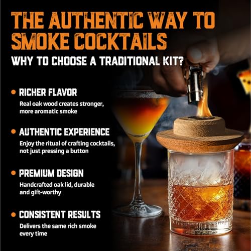 Aged & Charred Whiskey Smoker Kit with Torch and Old Fashioned Syrup - 8 Flavors Wood Chips - Bourbon Gifts for Men, Cocktail Smoker kit - USA Oak Smoke Lid (No Butane) - Image 3
