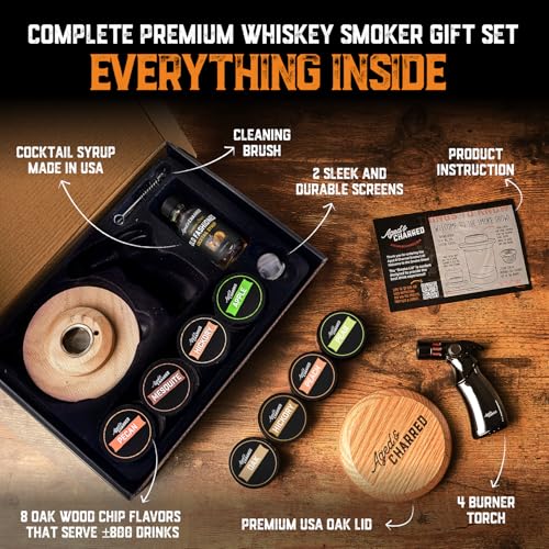 Aged & Charred Whiskey Smoker Kit with Torch and Old Fashioned Syrup - 8 Flavors Wood Chips - Bourbon Gifts for Men, Cocktail Smoker kit - USA Oak Smoke Lid (No Butane) - Image 4