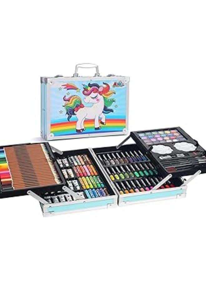 Alokik Enterprise Art Set Gift 145pcs with Portable Aluminum Case Box Professional Artists Drawing Painting Kit for Kids Including Colored Pencils Watercolor Paints Oil Pastels (UNICORN-BLUE)
