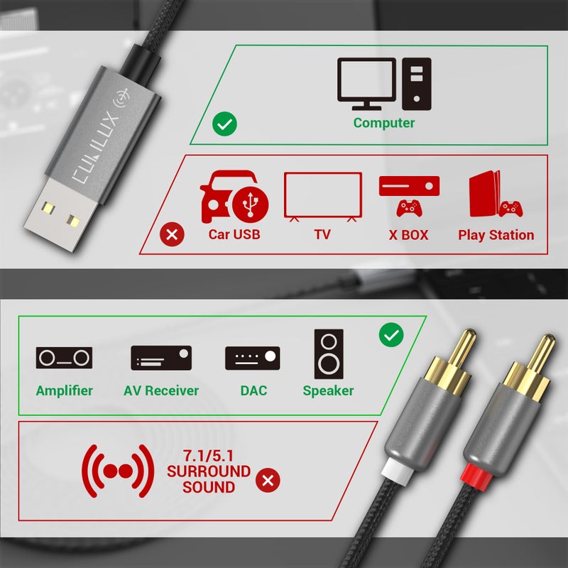 Cubilux USB to RCA Audio Cable with 384KHz/24-bit DAC, USB A Male to 2 Male RCA Stereo AUX Cord, 2RCA Auxilary Cable for Laptop, PC, Computer, 6 Feet - Image 3